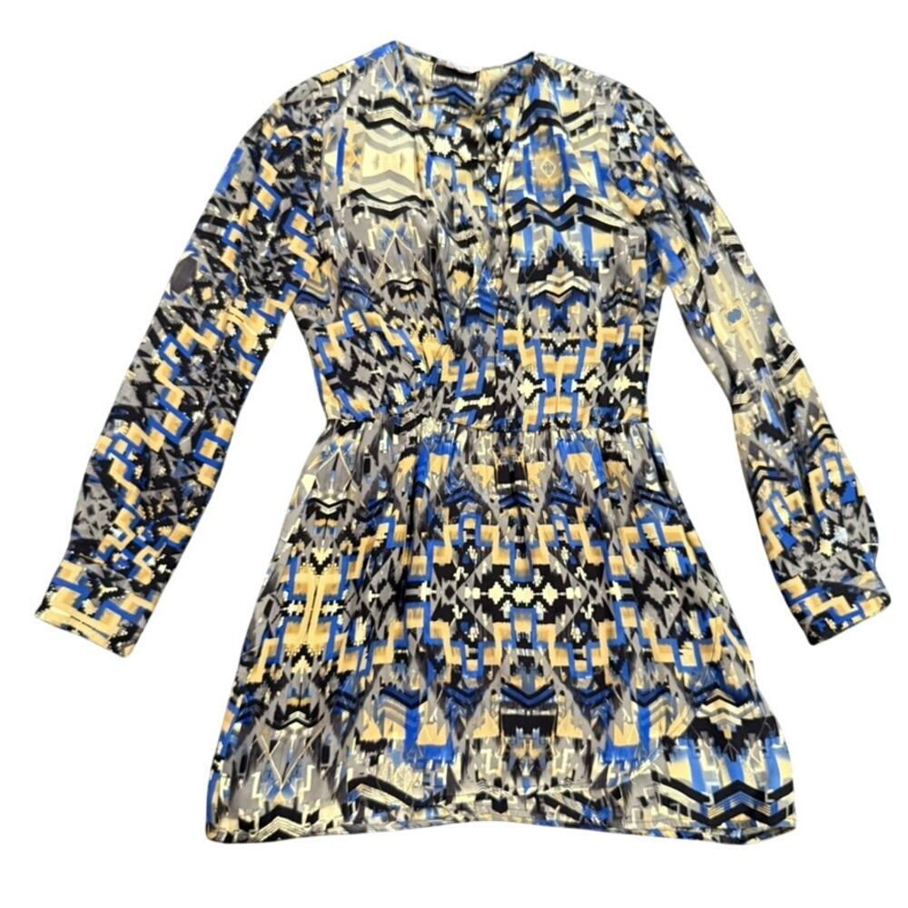 Parker Geo Abstract Long Sleeve V-Neck Mini Dress in Blue Multi, Size XS​